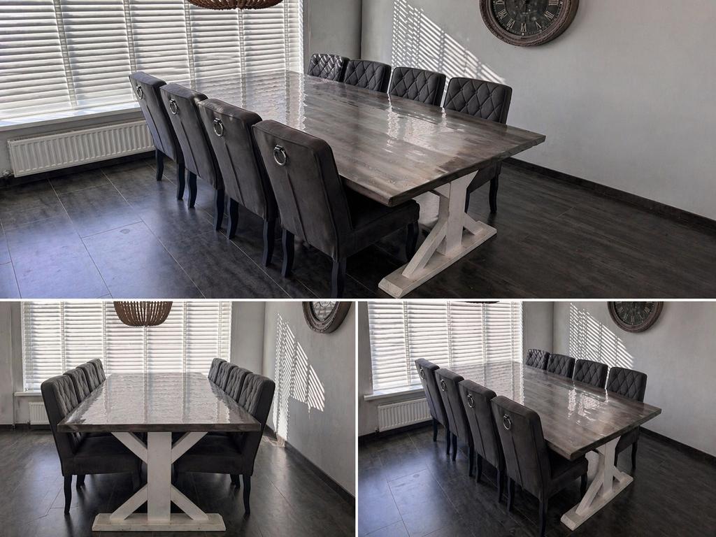 Eettafel met 8 stoelen - Hout en fluweel, Ophalen, Gebruikt, 100 tot 150 cm, 200 cm of meer