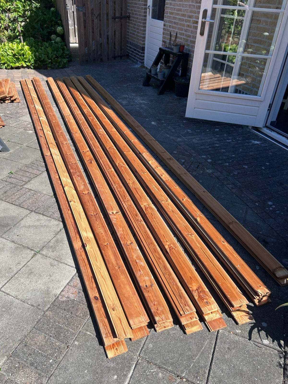 Partij planken: 90x7m en diverse kleinere planken, Gebruikt, Minder dan 25 mm, Ophalen of Verzenden, Plank