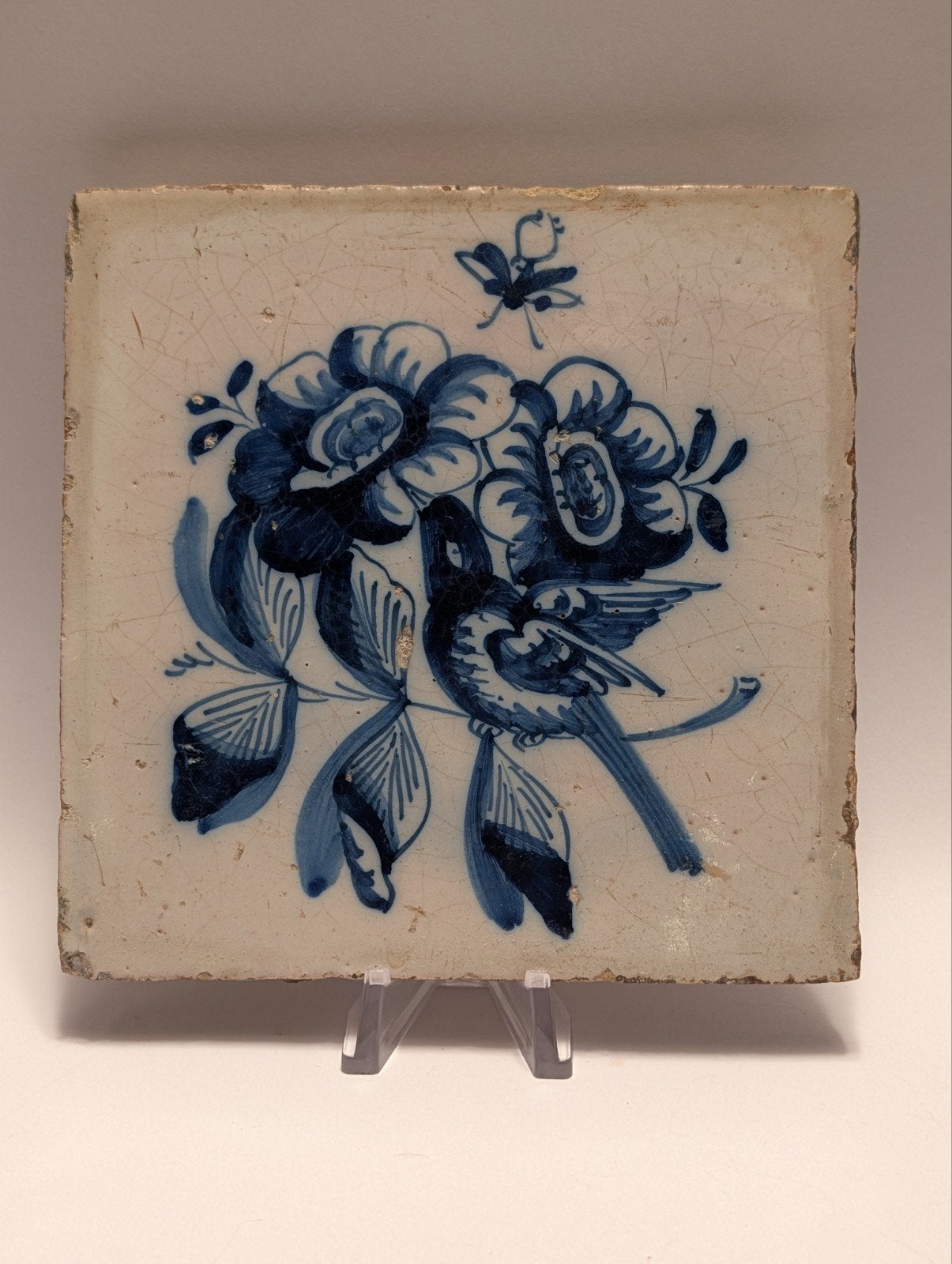 Antieke Delftsblauwe Tegel – Zangvogel tussen Bloemen, Ophalen of Verzenden