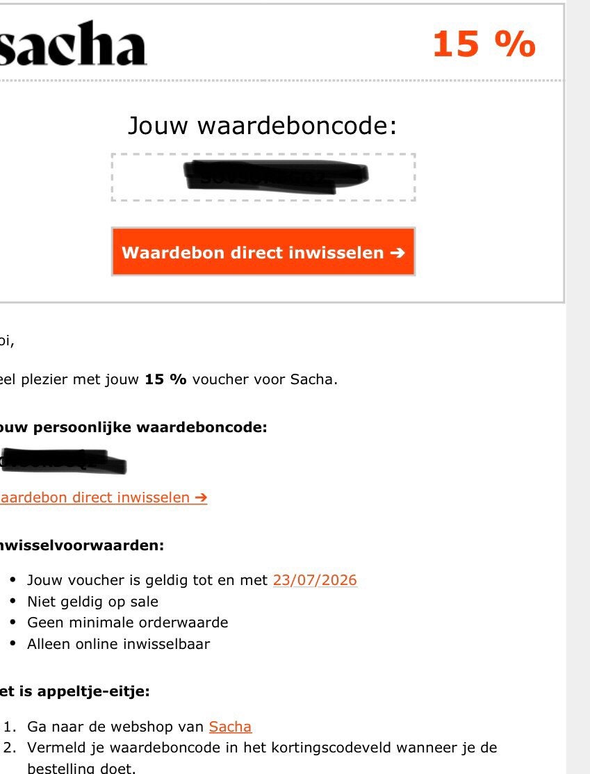 Sacha 15% korting, Eén persoon, Kortingsbon