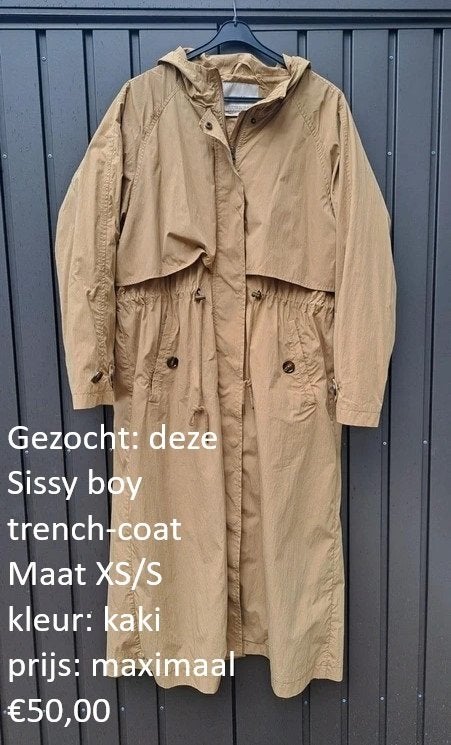 Gezocht Sissy Boy trenchcoat met capuchon mt XS/S kaki kleur, Ophalen, Bruin, Sissy-Boy, Zo goed als nieuw