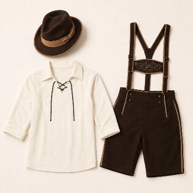 Lederhosen bruin 3-delig nieuw, maat M (valt als L), Maat 48/50 (M), Nieuw, Ophalen of Verzenden, Overige thema's
