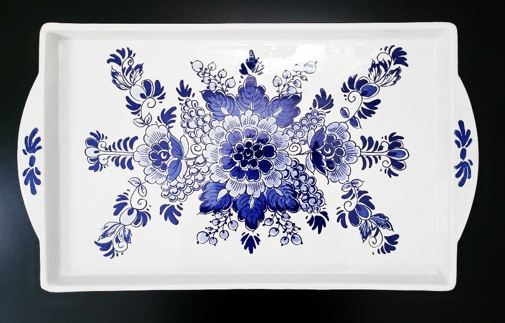 Delfts Blauw keramiek dienblad - kobaltblauw bloemen design, Ophalen of Verzenden, Gebruikt, Rechthoekig, Steen/keramiek