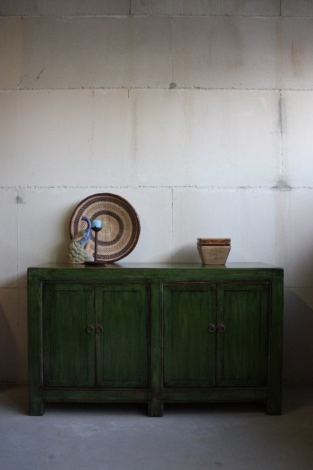 Unieke Oosterse Kast Vintage Groen Chinees Dressoir Gekleurd, Met deur(en), 100 tot 150 cm, Ophalen of Verzenden, Uniek Stoer Kleurrijk Vintage Look Boho Landelijk Retro Oosters