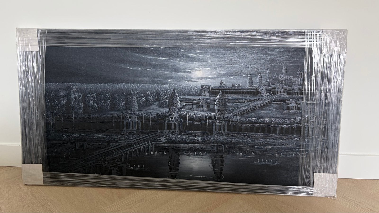 Olieverfschilderij  140x70cm Tempel Maanlicht Cambodja, Ophalen, Doek, Realistisch, Olieverf