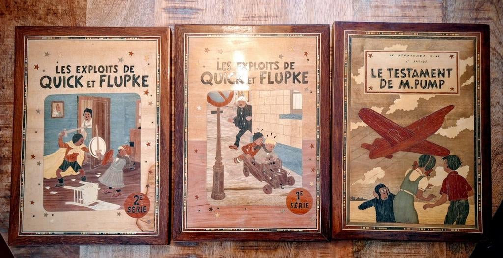 3x houtinlegwerk met onderwerpen van Herge, Verzamelen, Stripfiguren, Ophalen of Verzenden, Kuifje, Zo goed als nieuw, Beeldje of Figuurtje