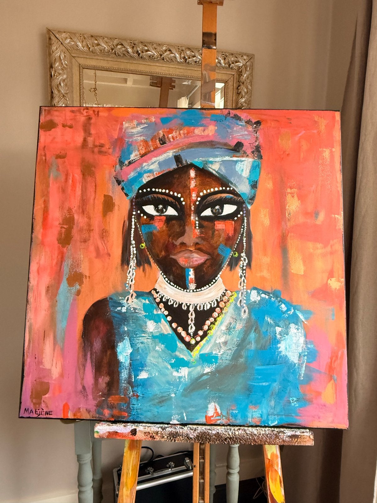 Zelf geschilderd portret met veel plezier, Antiek en Kunst, Ophalen, Acrylverf, Handgeschilderd, Portret
