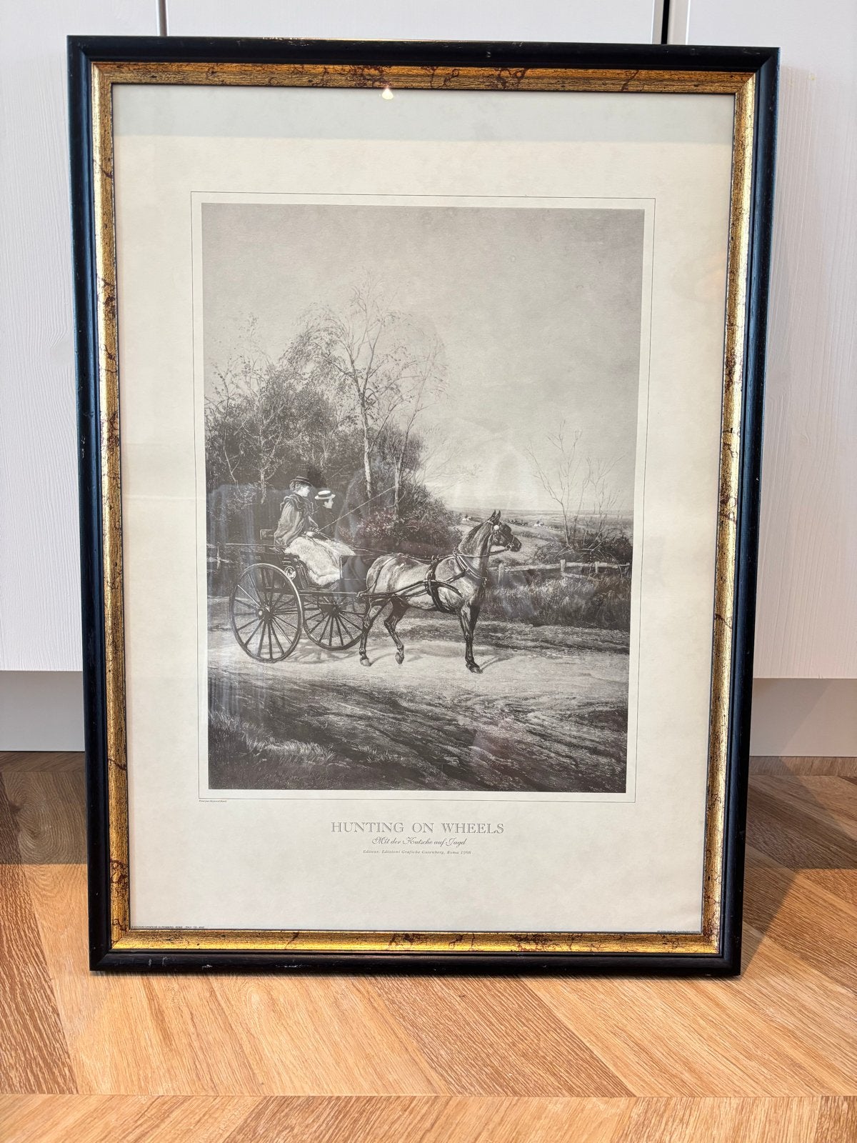 Ingelijste print "Hunting on Wheels" - Paard en wagen, Antiek en Kunst, Ophalen of Verzenden, Print, Print/reproductie, Ingelijst