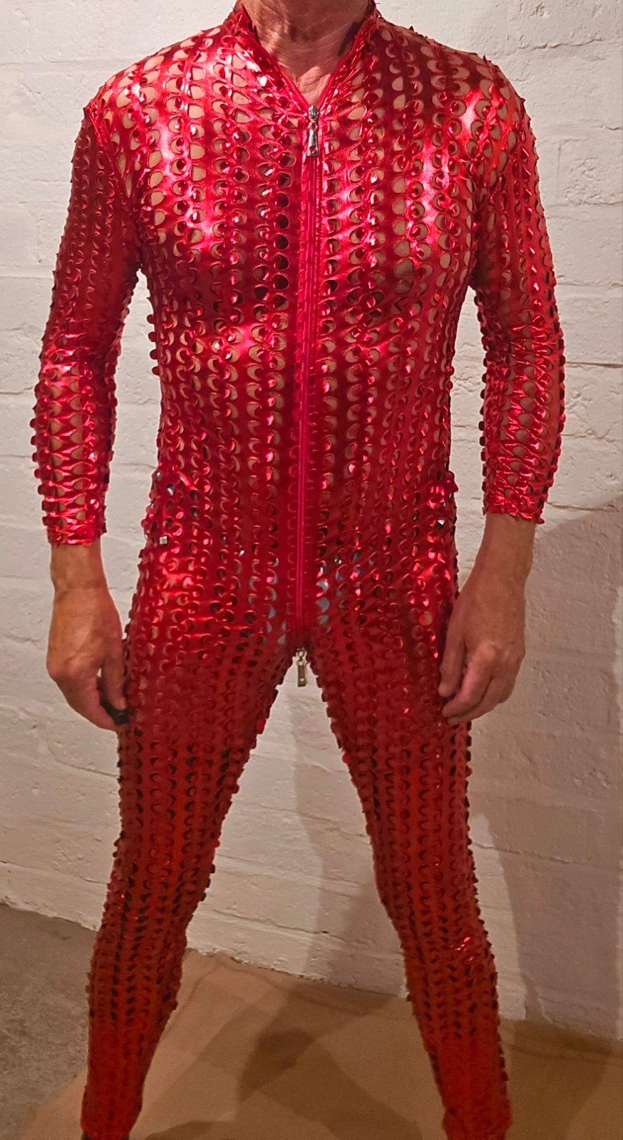 Rood glanzend catsuit met rits - Maat l, Maat 52/54 (L), Carnaval, Onbekend, Verzenden