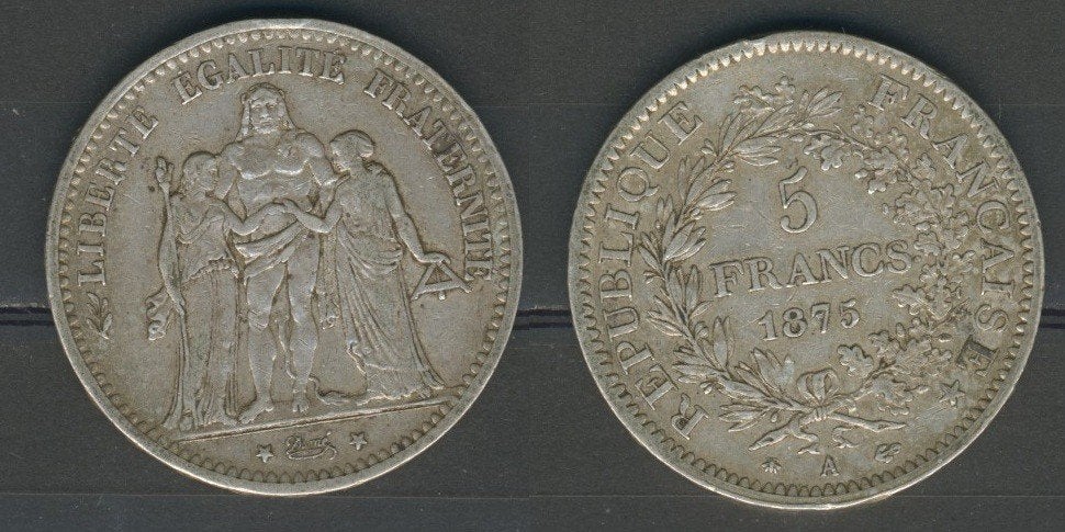 Zilveren 5 Francs 1875 Hercule République Française c-302, Ophalen of Verzenden, Frankrijk, Losse munt, Zilver