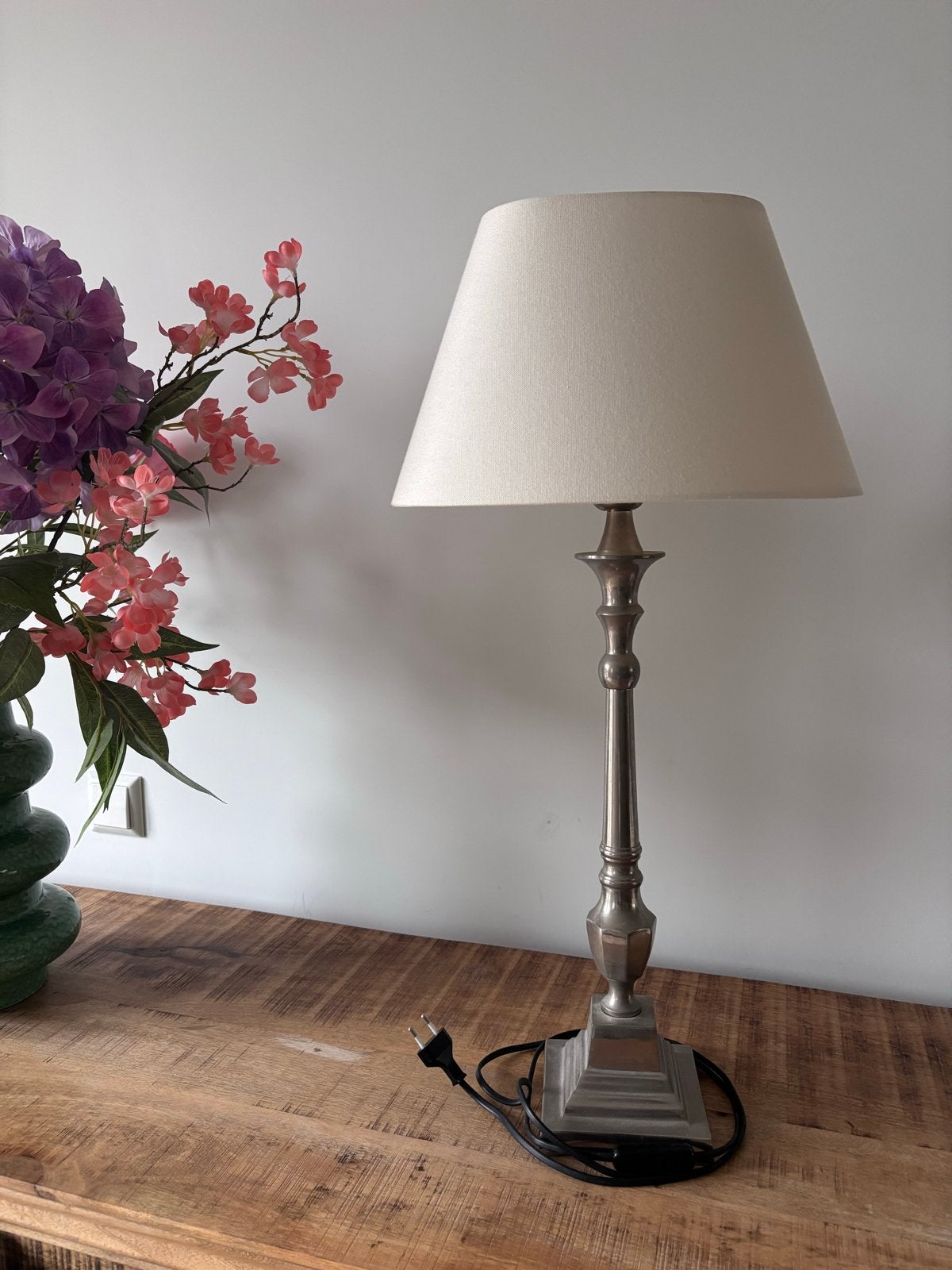 Set van 2 landelijke schemerlampen met crèmekleurige kap, Ophalen of Verzenden, Zo goed als nieuw, Met kap, Zilver