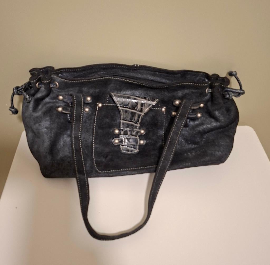 Ferchi zwarte suede leren damestas, Sieraden, Tassen en Uiterlijk, Tassen | Damestassen, Ophalen of Verzenden, Gebruikt, Zwart