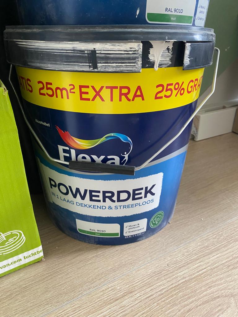 Flexa Powerdek Muurverf RAL 9010 Mat 12.5L, Doe-het-zelf en Verbouw, Verf, Beits en Lak, Ophalen, Wit, Nieuw, Verf