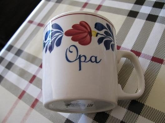 Boerenbont mok roeland met opdruk Opa Boerenbond, Gebruikt, Landelijk/Boerenbont, Royal Boch, Aardewerk