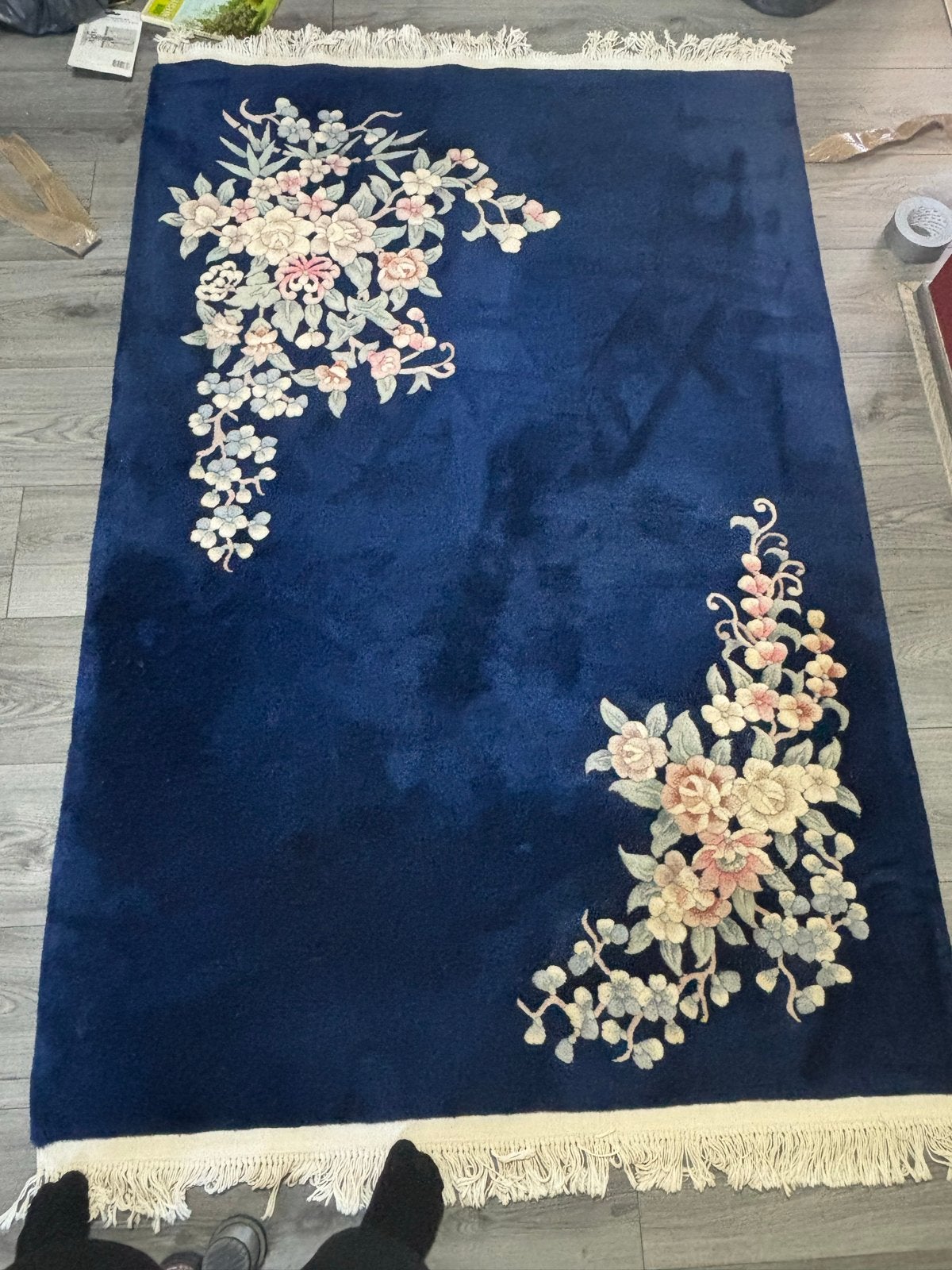 Origineel Chinees handgeweven tapijt van wol en zijde, Ophalen, Gebruikt, 100 tot 150 cm, Blauw