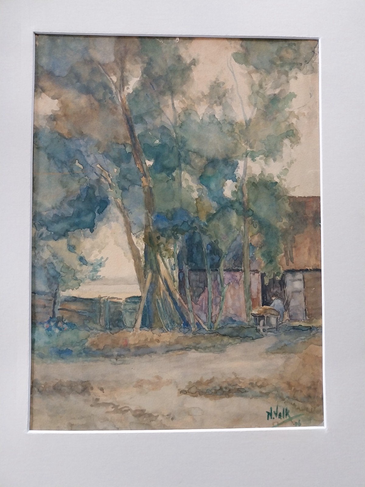 Originele aquarel boer aan het werk door N.Valk., Antiek en Kunst, Ophalen of Verzenden