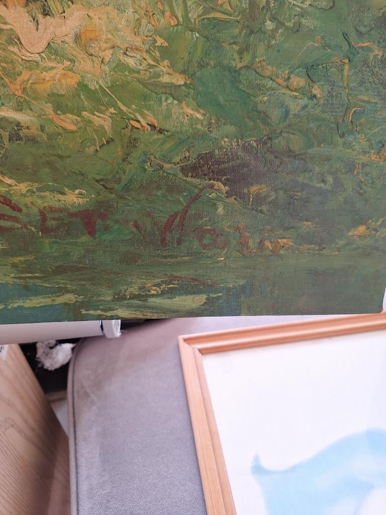 Tropisch landschap schilderij met hutten en water, Ophalen