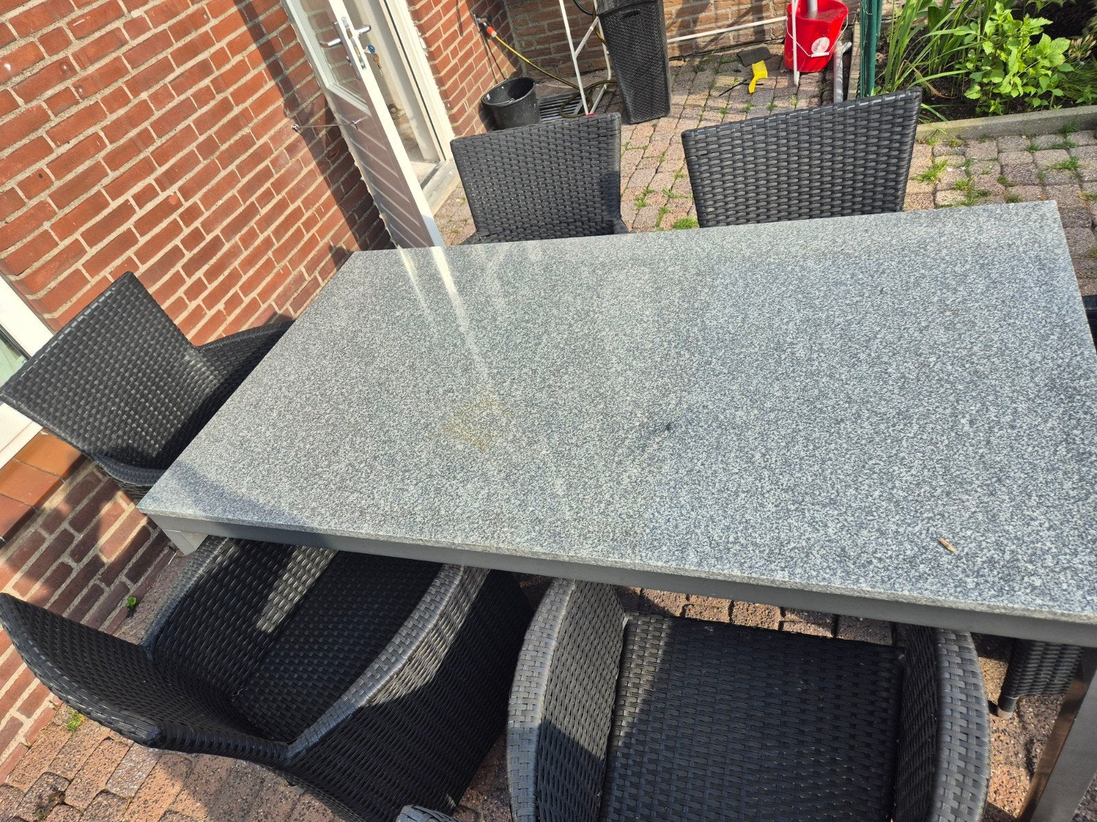 Tuinset Bois Le Duc met 6 stoelen en granieten tafel, Tuin en Terras, Tuinsets en Loungesets, Ophalen, Gebruikt, Wicker