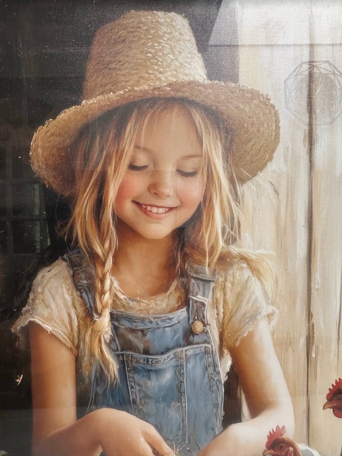 Giclee Schilderij: Meisje met strohoed en kippen, Antiek en Kunst, Kunst | Schilderijen | Klassiek, Doek, Portret of Personen