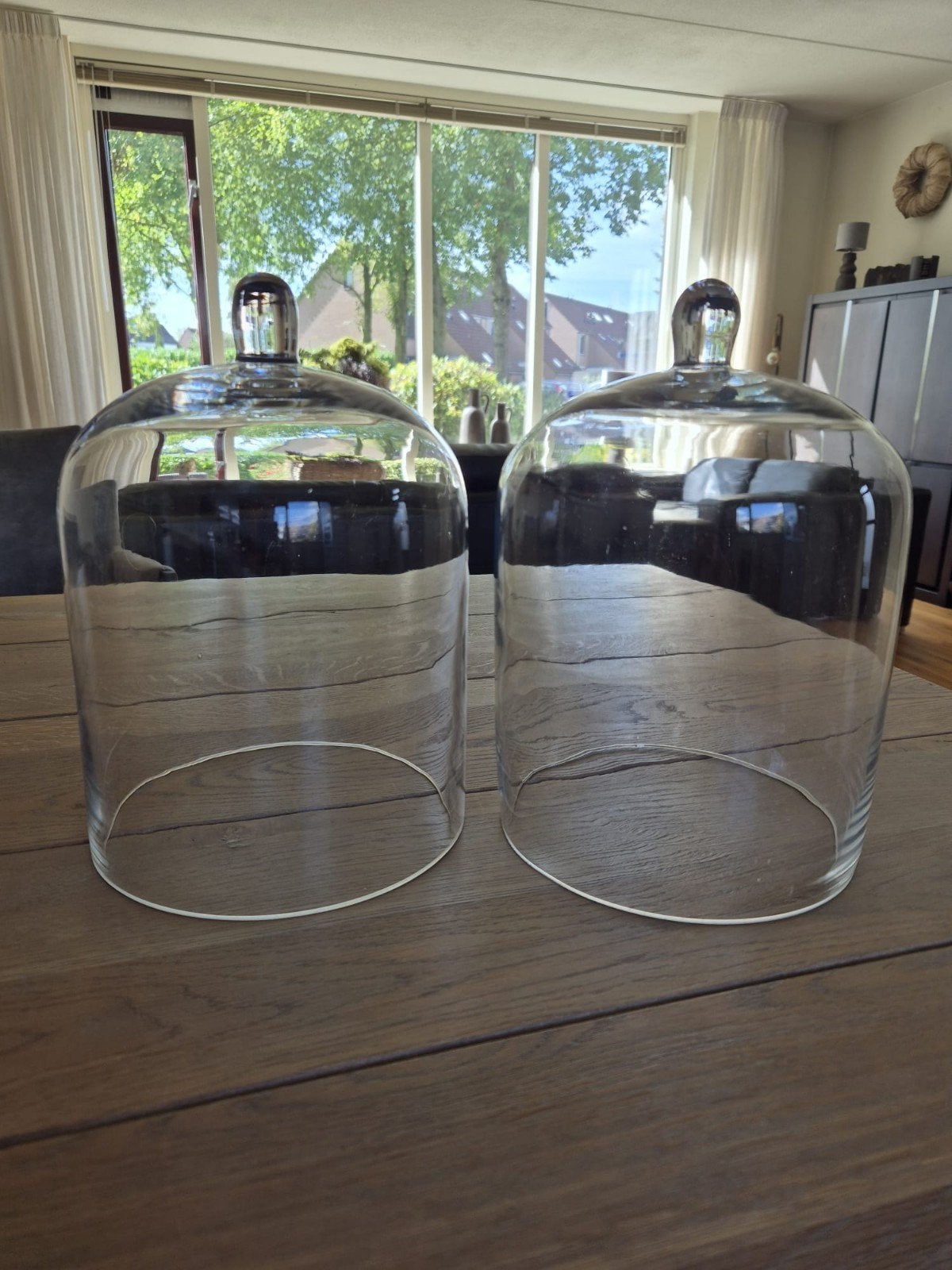 Twee glazen stolpen - 28 cm hoog, 18 cm doorsnee, Ophalen, Zo goed als nieuw, Glas