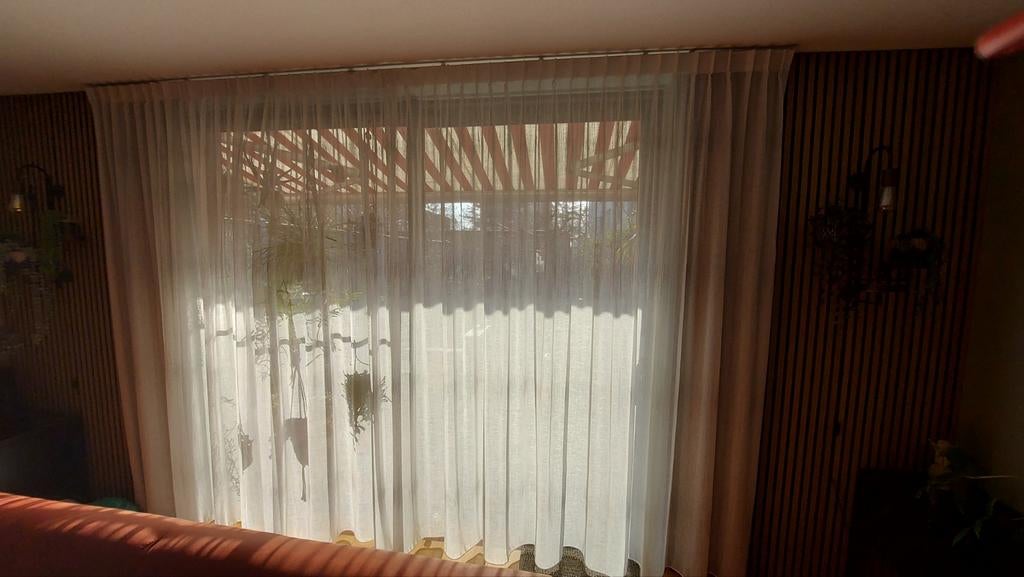 Vitrage wit met lichtgroen stiksel (241x344 cm), 200 cm of meer, Wit, Ophalen of Verzenden, Zo goed als nieuw