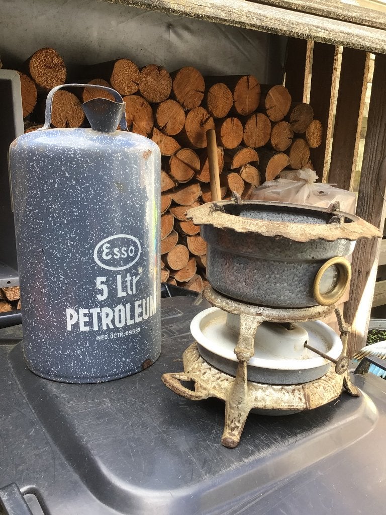 Vintage petroleum stel met 5 liter kan, Antiek en Kunst, Antiek | Emaille, Ophalen