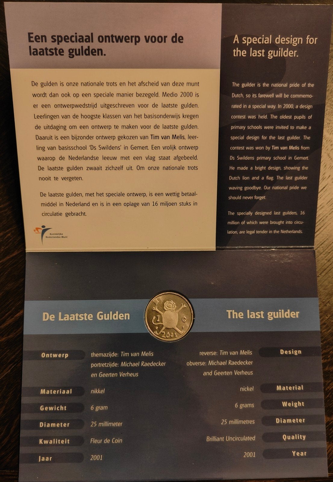 De Laatste Gulden 2001 FDC, Ophalen of Verzenden, Koningin Beatrix, 1 gulden, Losse munt