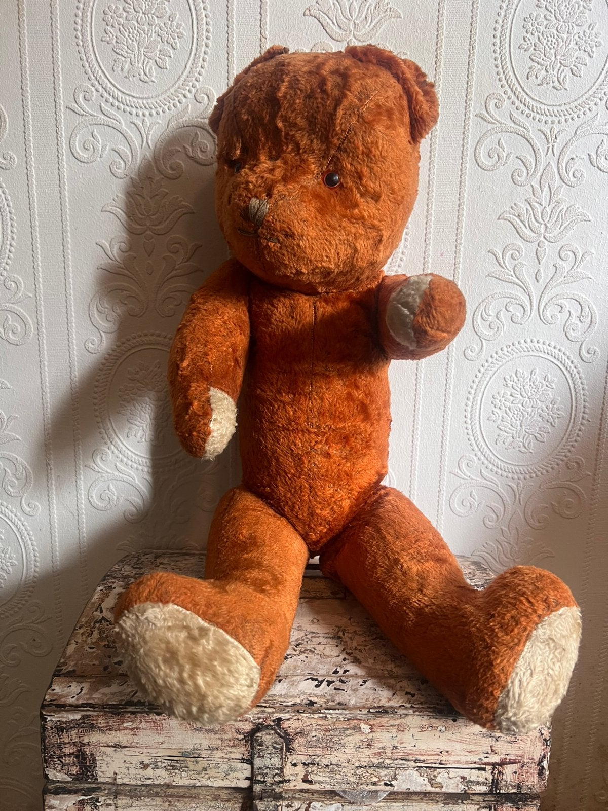 Grote oude antieke oranje bespeelde beer teddybeer brocante, Ophalen of Verzenden, Zo goed als nieuw, Stoffen beer, Overige merken