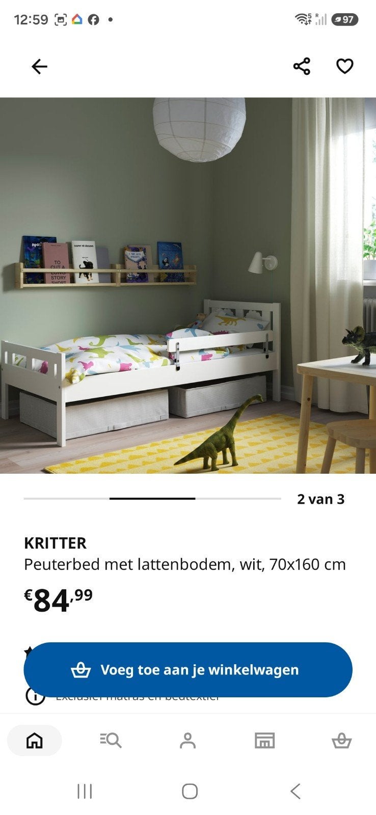 IKEA KRITTER Peuterbed met lattenbodem, wit, 70x160 cm, 70 tot 85 cm, Ophalen of Verzenden, Zo goed als nieuw, Lattenbodem