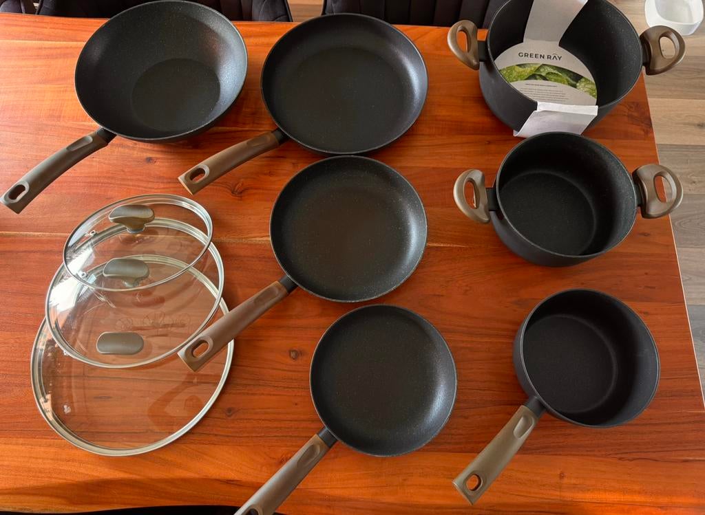 Complete GREEN RAY pannenset – grotendeels nieuw, Verzenden, Aluminium, Pannenset, Zo goed als nieuw