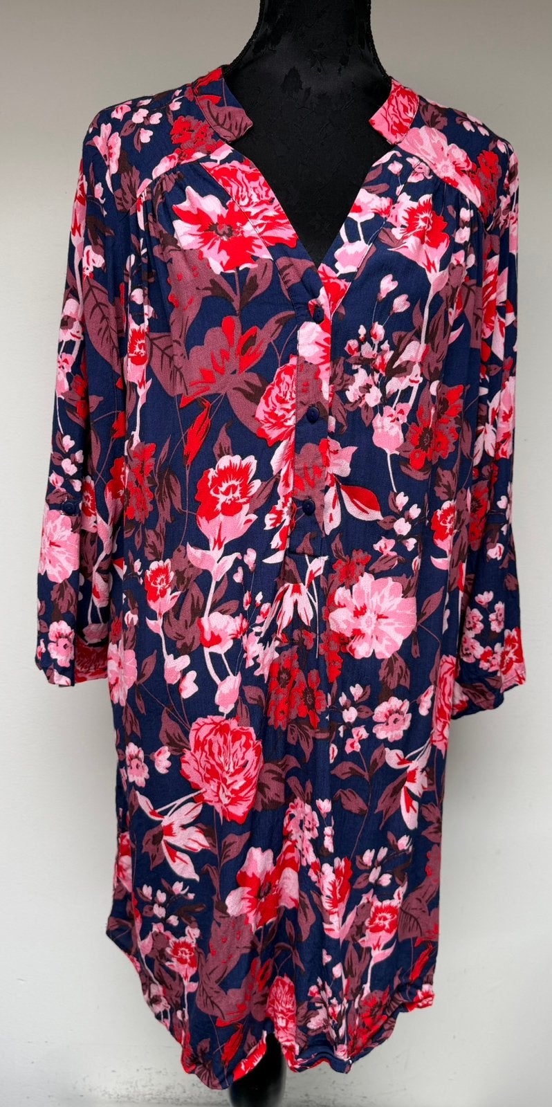 Superleuke donkerblauwe jurk roze bloemen ZIZZI mt L 50/52, Kleding | Dames, Verzenden, Zo goed als nieuw, Roze, Jurk
