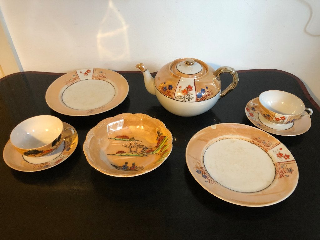 Japans theeservies oranje glanzend eierschaal porselein, Antiek en Kunst, Antiek | Servies compleet, Ophalen of Verzenden
