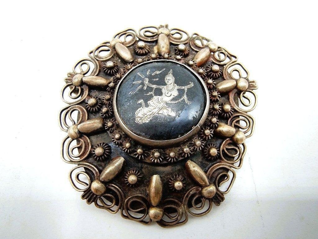 Zilveren broche met niello inleg, Siam, Info@zilverwebsite.nl, Verzenden, Zo goed als nieuw, Zilverwebsite.nl