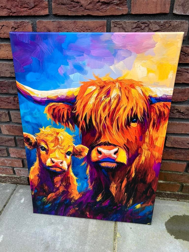 Canvas hooglanders €7,50 afhaal, Ophalen, Schilderij, 50 tot 75 cm