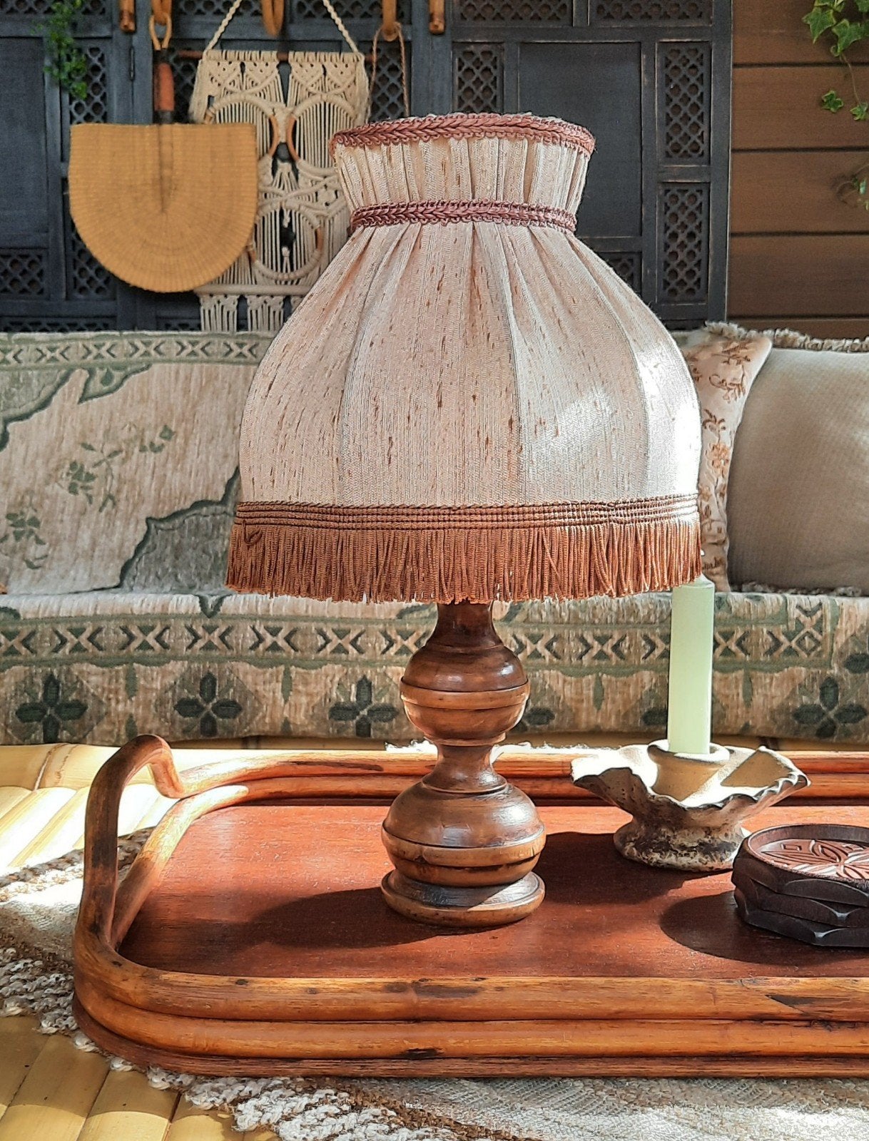 Vintage houten tafellamp met franje kap, Ophalen of Verzenden