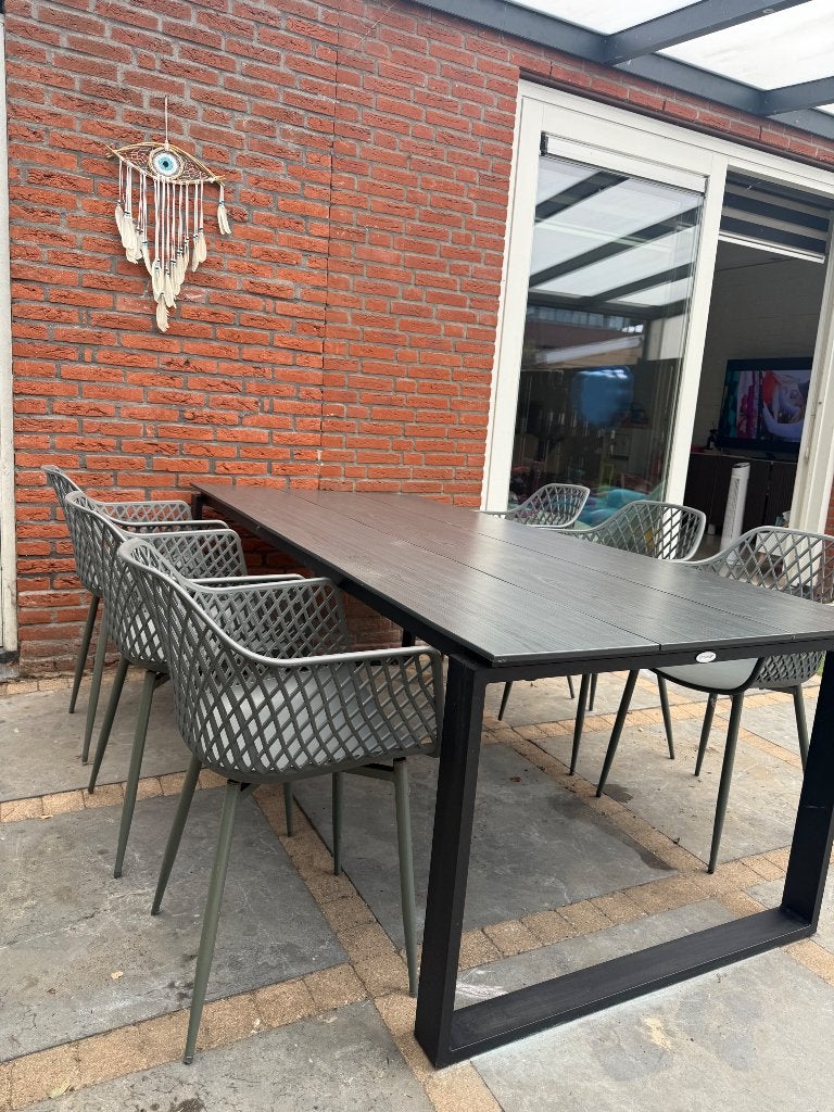 Moderne tuinset Grote tuintafel + 6 moderne stoelen, Ophalen, Kunststof, Gebruikt, 6 zitplaatsen