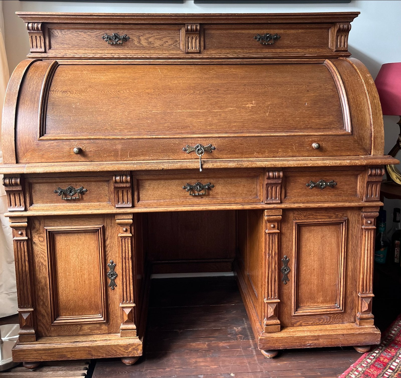 Antiek Eiken Roltop Bureau met Leren Inleg, Ophalen