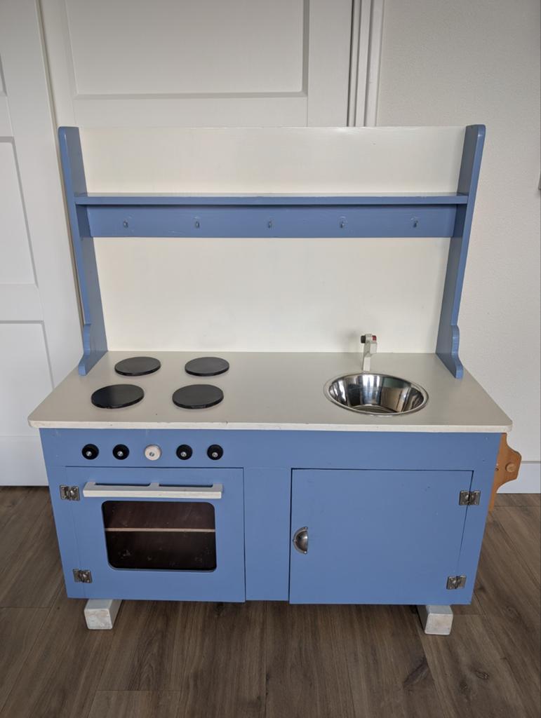Houten Speelkeuken met Oven en Spoelbak - Blauw/Wit, Kinderen en Baby's, Speelgoed | Speelkeukens, Gebruikt, Ophalen