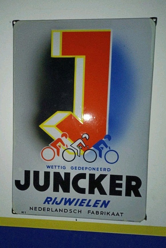 Juncker Rijwielen Emaille Bord - Nederlands Fabrikaat, Ophalen of Verzenden, Gebruikt, Reclamebord