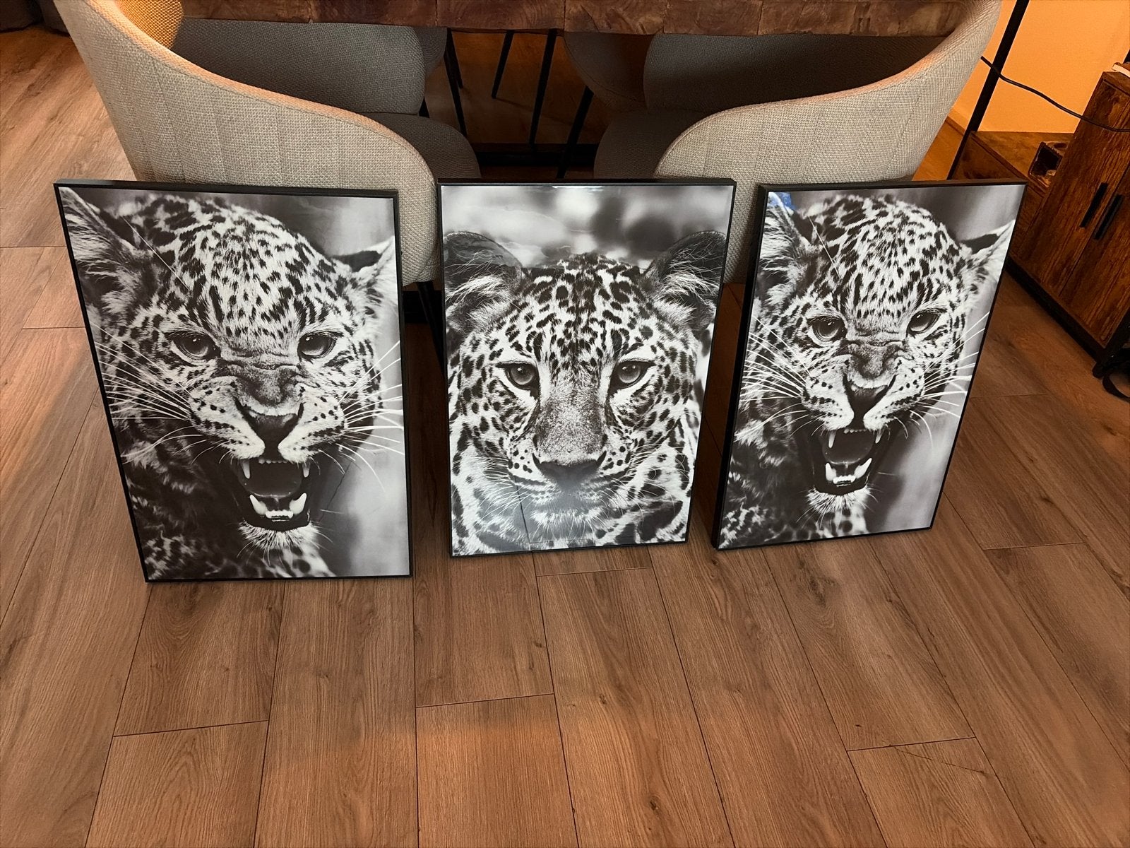 Set van 3 luipaard canvas schilderijen, Ophalen, 50 – 75, Zo goed als nieuw, Schilderij