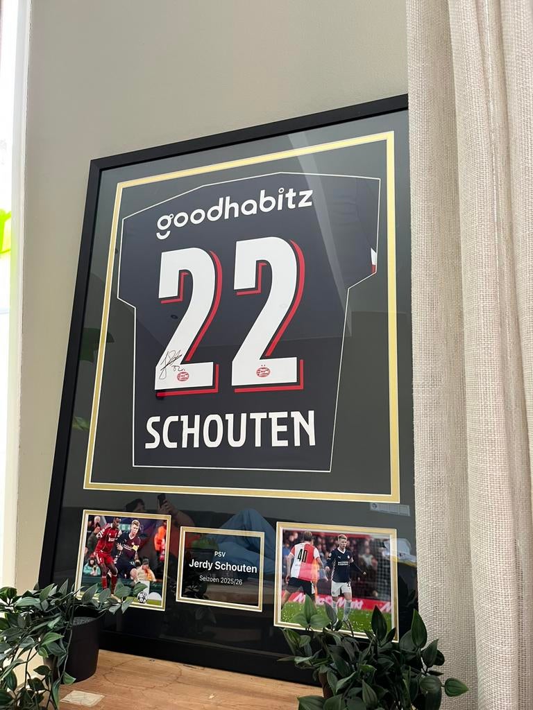 Ingelijst Gesigneerd Jerdy Schouten shirt met videobewijs, Verzamelen, Ophalen of Verzenden, Nieuw, PSV, Shirt