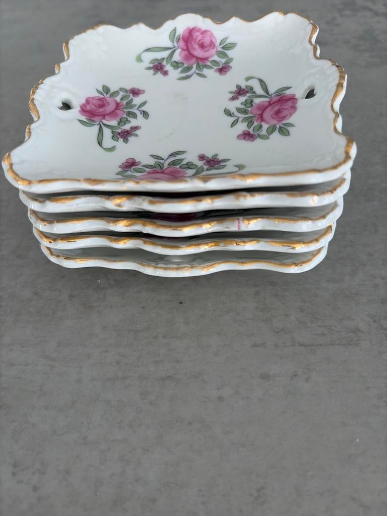 Set van 5 Antieke Porseleinen Schoteltjes met Rozen, Ophalen of Verzenden