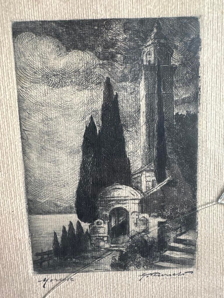 Gesigneerde ets: Morcote, Zwitserland, Meer van Lugano, Antiek en Kunst, Ets, Ophalen of Verzenden, Gesigneerd, Landschap