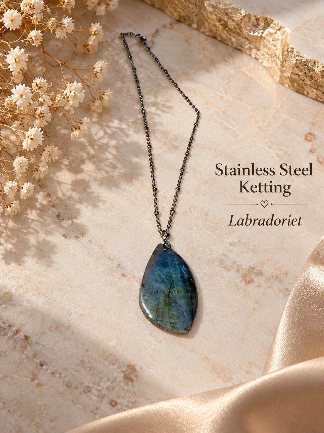 Prachtige Labradoriet Ketting – Stainless Steel – Goudkleuri, Nieuw, Ophalen of Verzenden, Steen of Mineraal, Met edelsteen