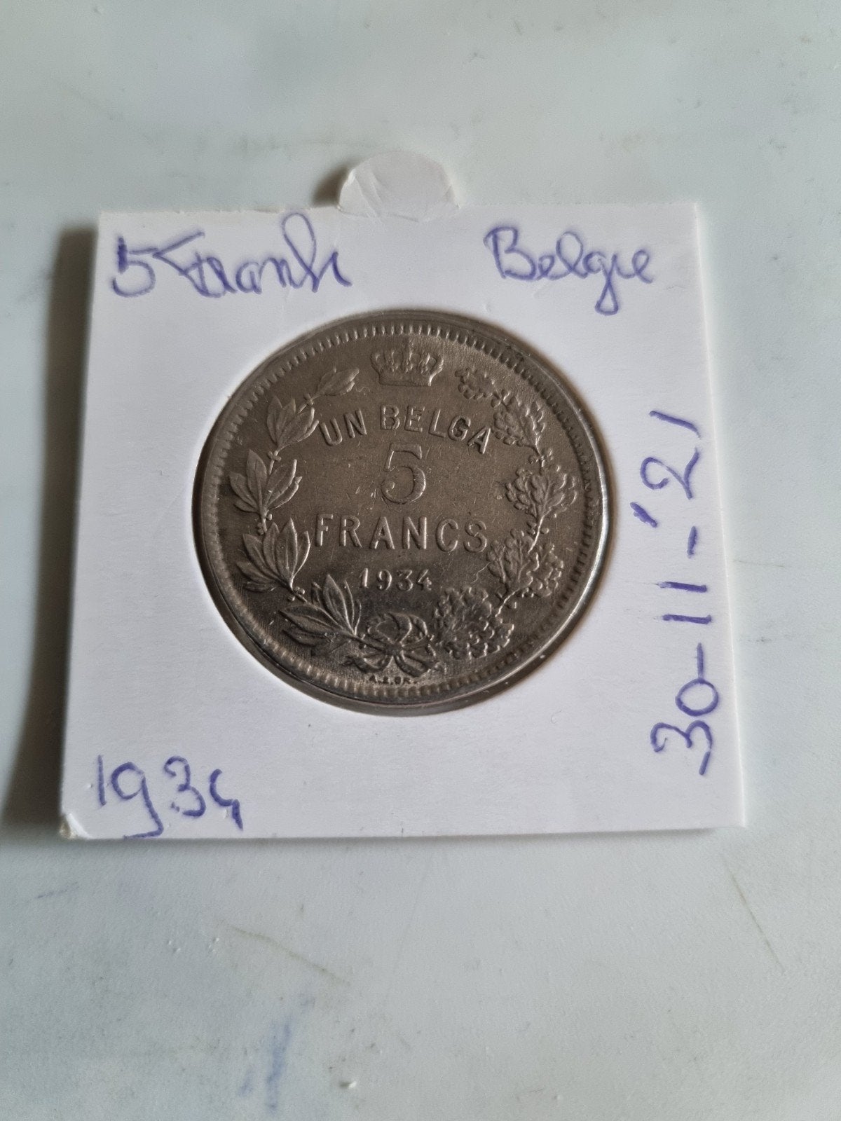 België: een zeer mooie nikkelen 5 Frank munt uit 1934., Ophalen of Verzenden, Overig, Losse munt