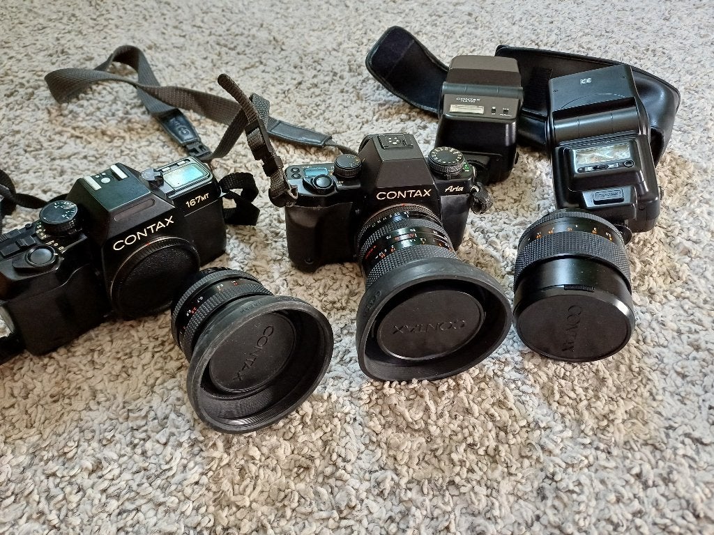 Contax camera's incl. Carl Zeiss lenzen en flitsers, Ophalen, Gebruikt, Spiegelreflex, Overige Merken