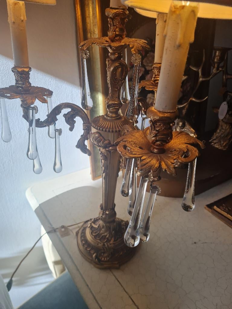 Antieke massief bronzen tafellamp met glazen pegels, Ophalen of Verzenden, Brons