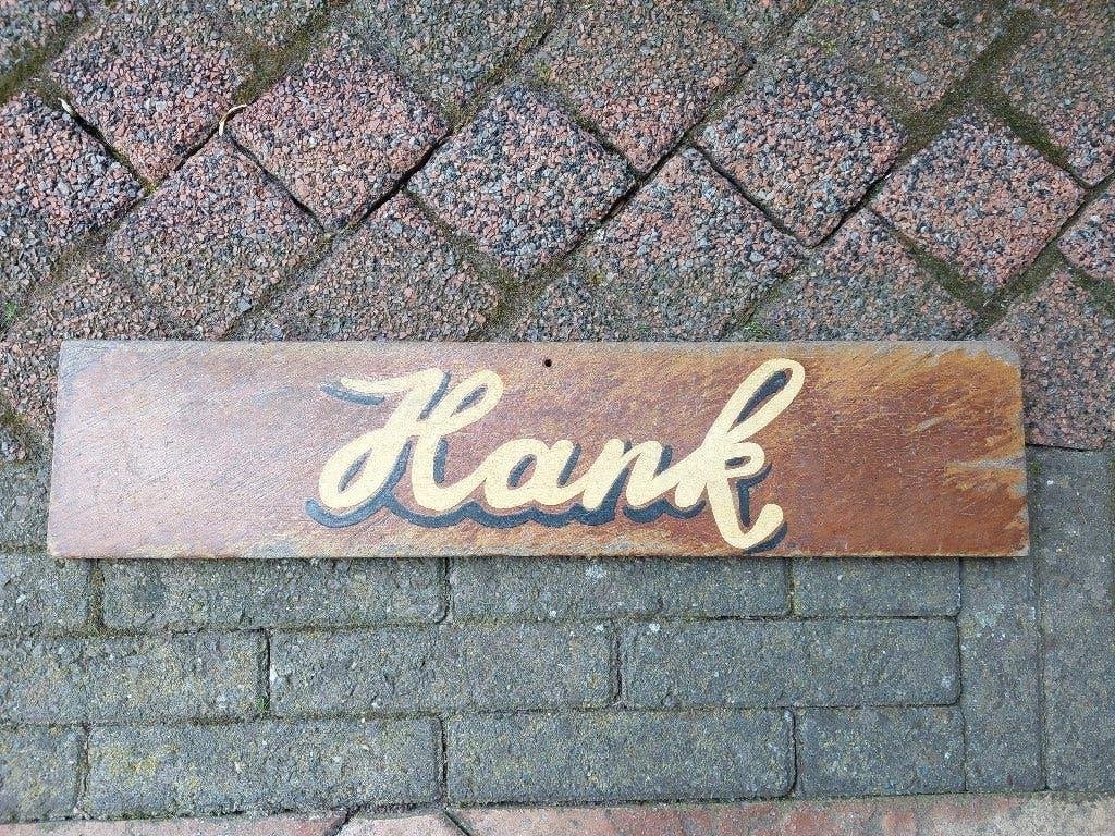 Vintage houten naambord 'Hank' plaatsnaam, Verzenden, Gebruikt, Hout