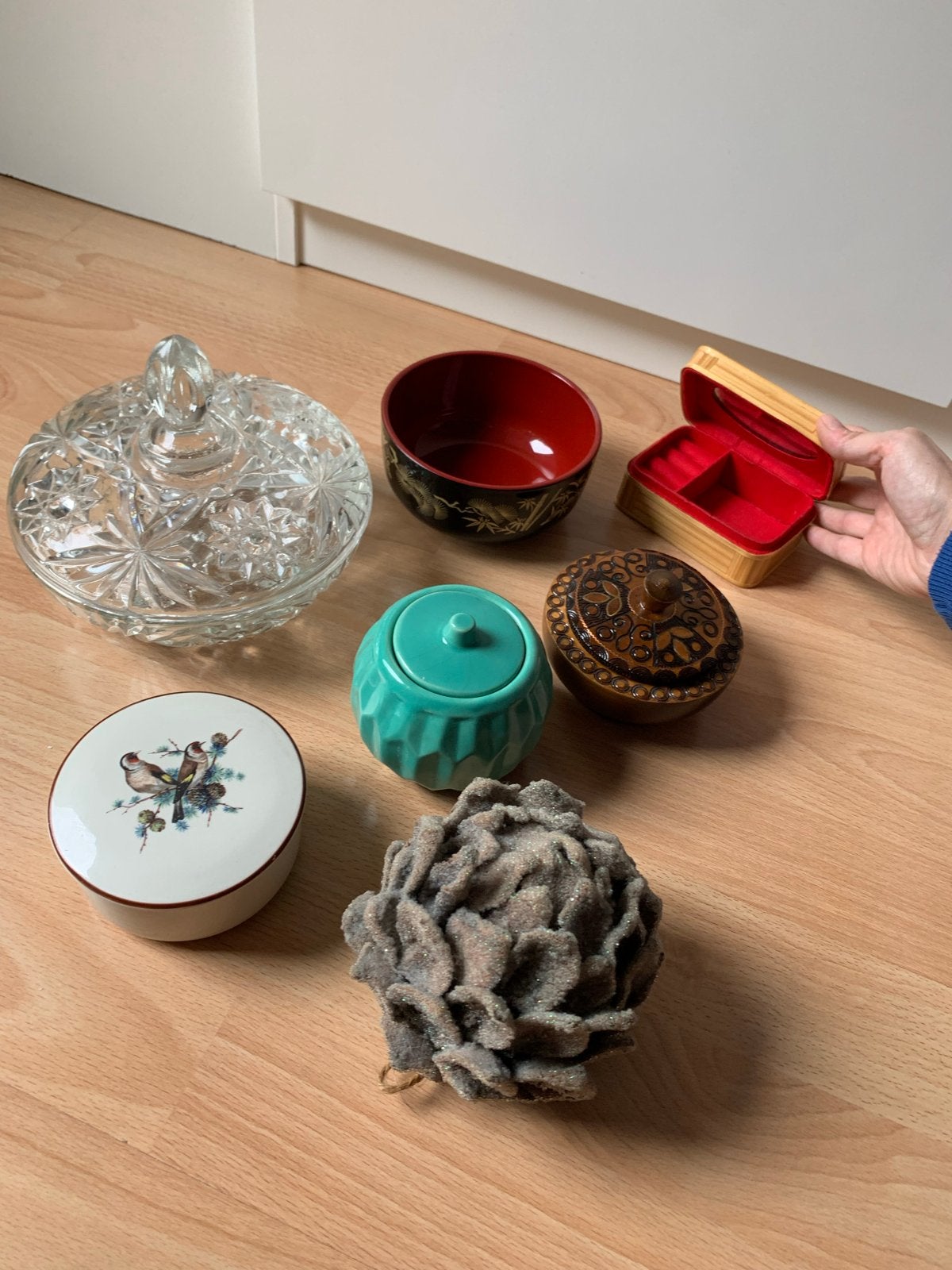Set van 7 decoratieve items: schalen, doosjes, artischok…, Vintage, Gebruikt, Meerkleurig, Ophalen of Verzenden