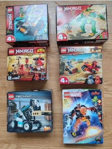 Lego Ninjago (4), Technic (1) en Marvel (1): 6 pakketten, Lego, Ophalen of Verzenden, Zo goed als nieuw, Inclusief doos